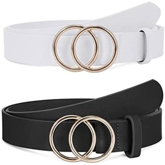 2 Pack Women\'s Faux Leather Jeans Belt with Double O-Ring Buckle